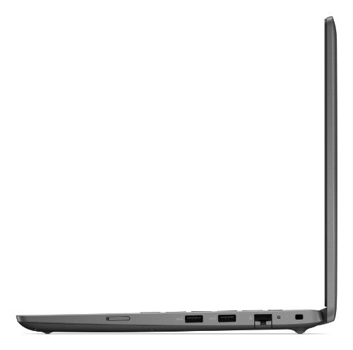 Slim grey Dell Latitude 3450 laptop open at 90 degrees, showing side profile with ports.
