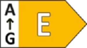 Energy efficiency label with rating E in yellow arrow shape on white background.