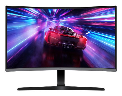 Samsung 27-inch curved monitor with slim bezels showing a racing car on a colorful blurred background.