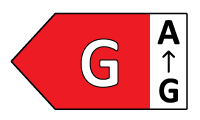 Red and white energy efficiency label with large G rating and arrow pointing up to A rating.