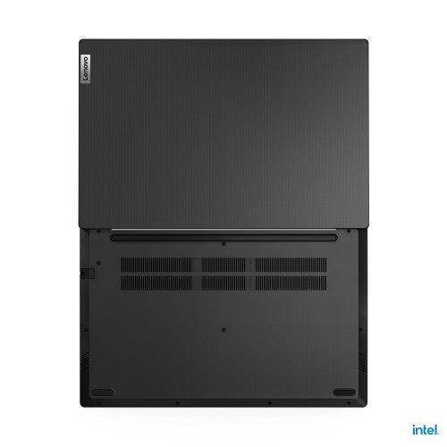 Black Lenovo V15 G4 laptop showing closed lid and bottom panel with ventilation grills and rubber feet.