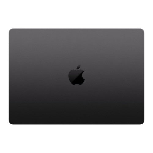 Black Apple MacBook Pro 14-inch closed laptop with centered Apple logo on lid.