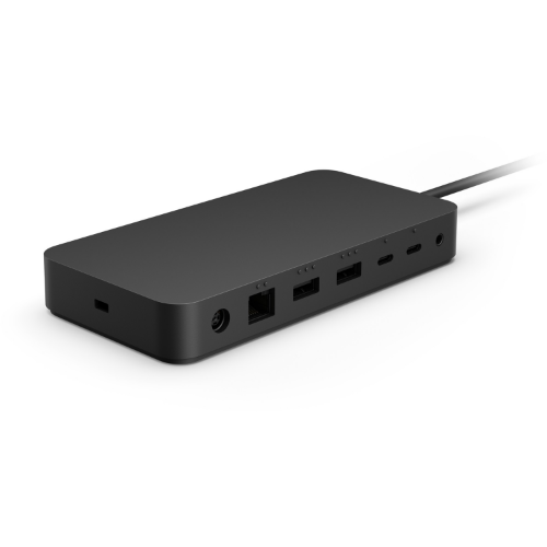 Black rectangular Microsoft Thunderbolt 4 dock with multiple USB and Ethernet ports, wired connection visible.