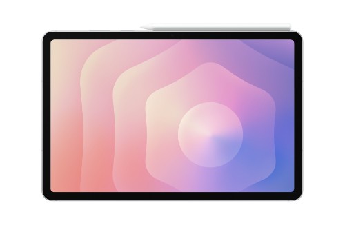 Samsung Galaxy Tab S11 5G tablet with 11-inch screen displaying pink and purple abstract wallpaper.