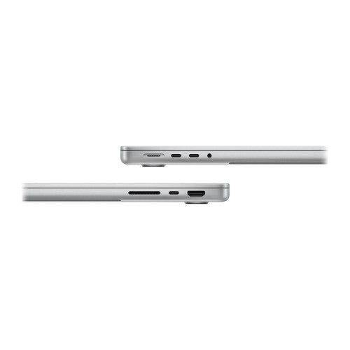 Silver Apple MacBook Pro 14-inch showing left and right sides with ports and slim design.