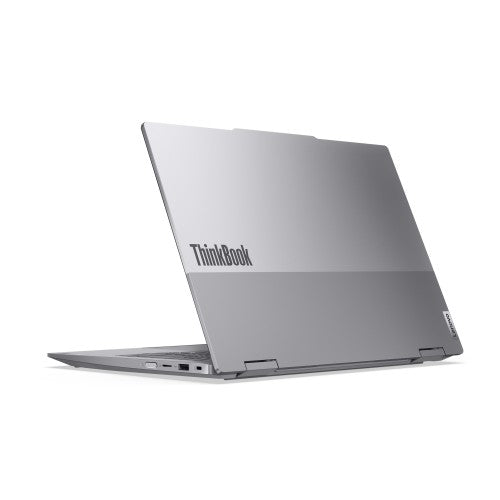 Grey Lenovo ThinkBook 14 2-in-1 laptop partially open showing back and side ports.