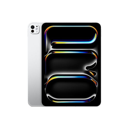 Silver Apple iPad 11-inch Pro with vibrant black screen and colorful abstract wallpaper.