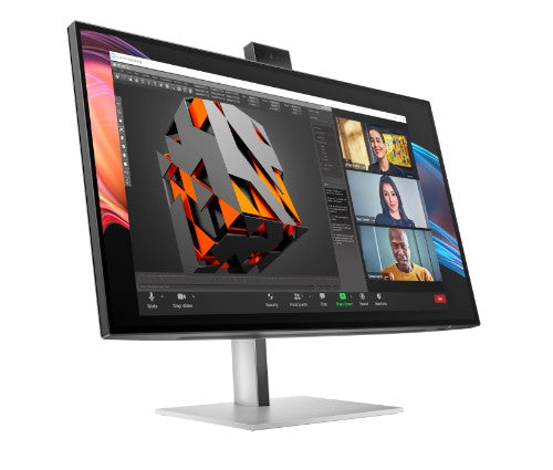 27-inch HP 4K conferencing monitor with built-in webcam and sleek silver stand.