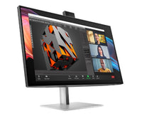 27-inch HP 4K conferencing monitor with built-in webcam and sleek silver stand.