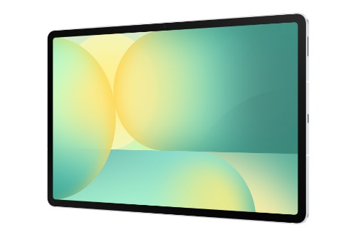 Samsung Galaxy Tab S10 FE+ tablet with slim black bezels and colorful abstract wallpaper on screen.