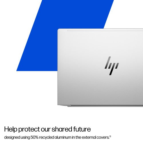 Silver HP EliteBook laptop lid with centered HP logo on a blue and white background.