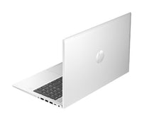 Silver HP ProBook 455 G10 laptop partially open showing black keyboard and silver chassis.