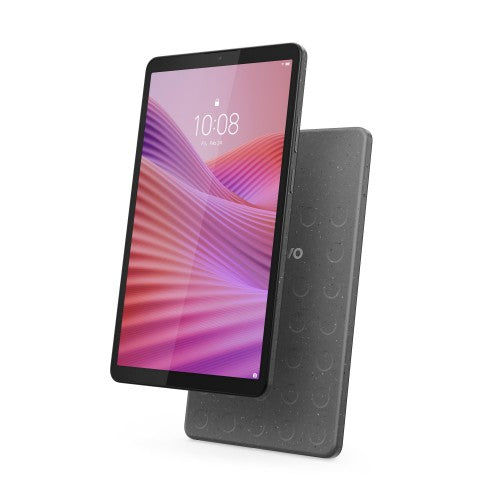 Lenovo Tab K9 tablet with 8.7-inch display, grey back, and slim bezels showing colorful abstract wallpaper.