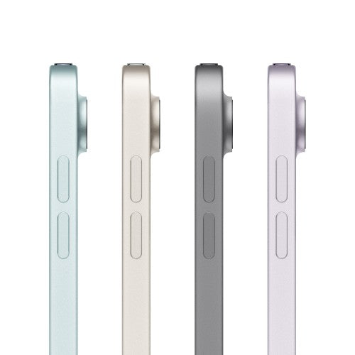 Side views of Apple iPad 11-inch Air tablets in blue, silver, space gray, and purple colors showing volume buttons and.