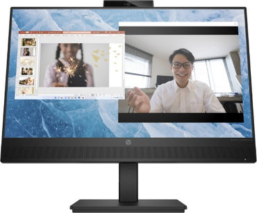24-inch HP slim black conferencing monitor with integrated webcam and dual video call windows displayed.