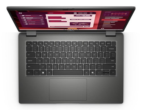 Gray Dell Latitude 3450 laptop with 14-inch Full HD screen, keyboard, and large trackpad open at 90 degrees.