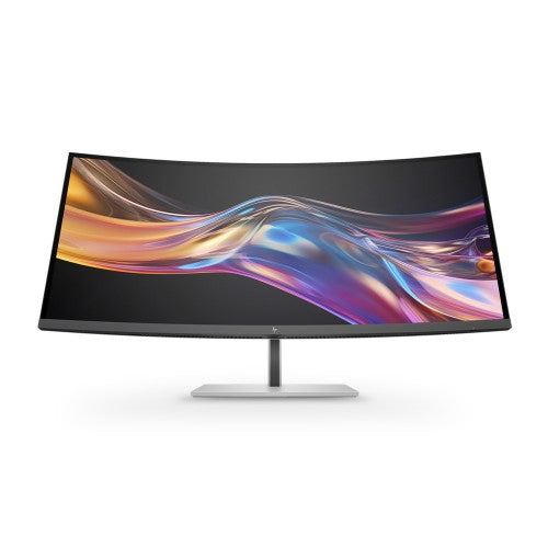 37.5-inch curved widescreen WQHD+ monitor with sleek silver stand and colorful abstract display.
