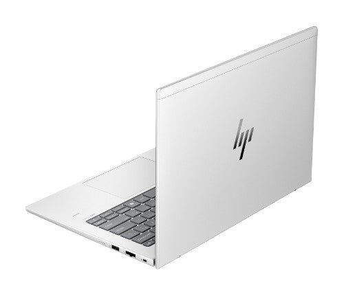 Silver HP EliteBook 645 G11 laptop with slim design, partial keyboard and HP logo on lid, angled view.