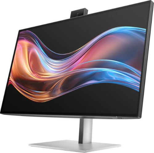 27-inch HP Series 7 Pro 4K monitor with sleek silver stand and built-in pop-up webcam.