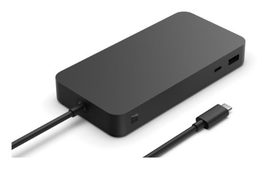 Black rectangular Microsoft Surface Thunderbolt 4 Dock with rounded edges and attached USB-C cable.