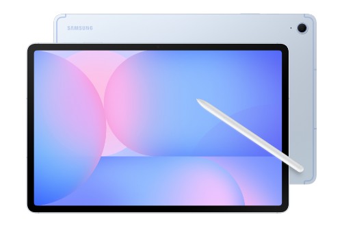 Silver Samsung Galaxy Tab S10 FE+ 5G tablet with slim bezels and white stylus resting on screen.