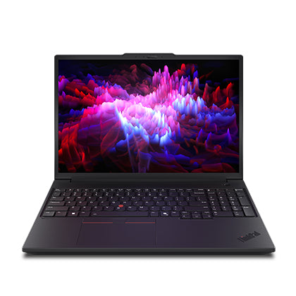 Lenovo ThinkPad P16v Gen 3 black laptop with 16-inch display, full keyboard, and vibrant abstract wallpaper.