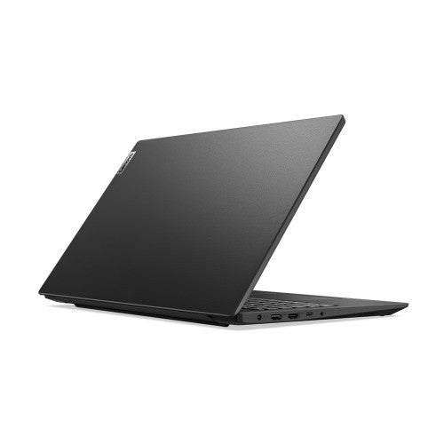 Black Lenovo V15 G4 ABP laptop partially open showing slim profile and matte finish lid.