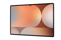 Samsung Galaxy Tab S10 Ultra with slim black bezels displaying abstract orange and beige shapes on screen.