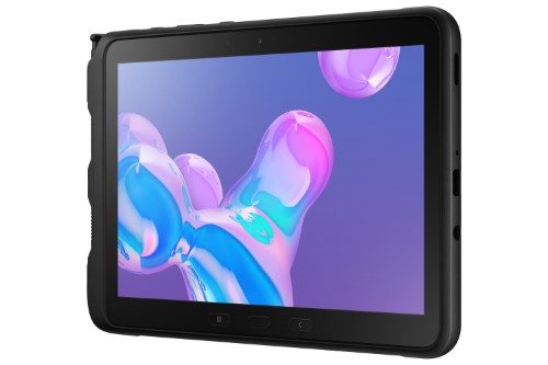 Samsung Galaxy Tab Active Pro with black rugged casing and vibrant 10.1-inch display showing colorful abstract design.