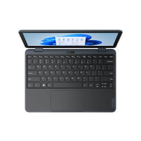 Grey Lenovo 300w Yoga Gen 4 laptop with 11.6-inch touchscreen displaying Windows 11 screen, compact keyboard and large.