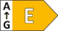 Energy efficiency label with rating E in yellow arrow shape on white background.