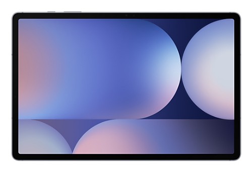 Samsung Galaxy Tab S10+ tablet with 12.4-inch display showing abstract blue and purple wallpaper.