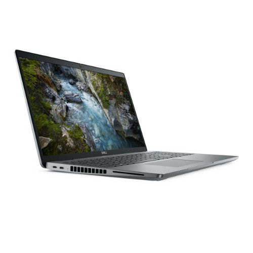 Grey Dell Precision 3591 laptop open with waterfall nature wallpaper on 15.6" display.