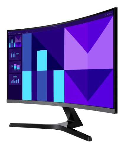27-inch Samsung curved monitor with thin bezels and a black stand displaying blue and purple abstract graphics.
