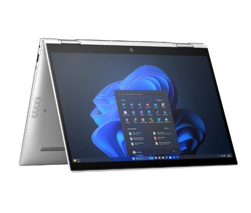 Silver HP Elite x360 830 G11 2-in-1 laptop in tent mode with 13.3" touchscreen displaying Windows 11 interface.