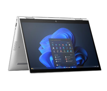 Silver HP Elite x360 830 G11 13.3" WUXGA touchscreen laptop in tent mode with Windows 11 Pro display.