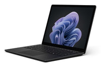 Black Microsoft Surface Laptop 6 with 13.5-inch touchscreen displaying abstract purple-blue design.