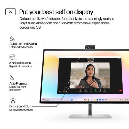 HP Series 7 Pro 27-inch 4K monitor with slim bezels and built-in webcam on sleek silver stand showing video call interface.