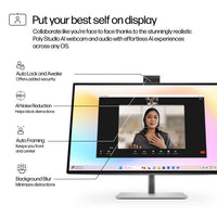 HP Series 7 Pro 27-inch 4K monitor with slim bezels and built-in webcam on sleek silver stand showing video call interface.