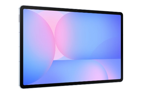 Samsung Galaxy Tab S10 FE+ 5G tablet with 13.1-inch screen and thin black bezels displaying a blue and pink abstract.