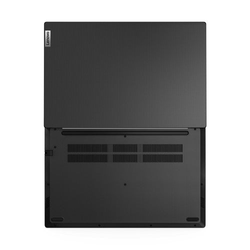 Black Lenovo laptop viewed from above with the lid partially open, showing back vents and slim design.