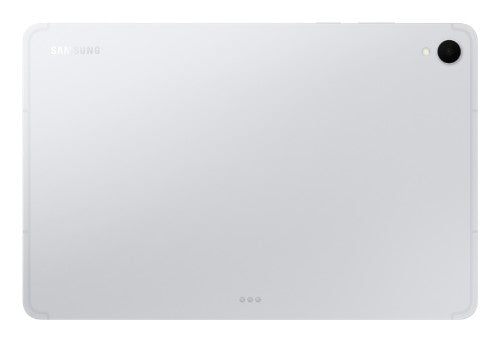 Silver Samsung Galaxy Tab S11 tablet back with single camera and flash on top right corner.