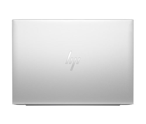Silver HP EliteBook laptop with minimalist design and reflective HP logo on lid.
