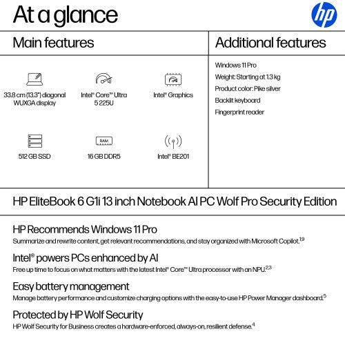 HP EliteBook 6 G1i 13 inch Notebook AI PC Wolf Pro Security Edition Intel Core Ultra 5 225U Laptop 33.8 cm (13.3") Touchscreen WUXGA 16 GB DDR5-SDRAM 512 GB SSD Wi-Fi 7 (802.11be) Windows 11 Pro Silver