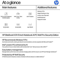 HP EliteBook 6 G1i 13 inch Notebook AI PC Wolf Pro Security Edition Intel Core Ultra 5 225U Laptop 33.8 cm (13.3") Touchscreen WUXGA 16 GB DDR5-SDRAM 512 GB SSD Wi-Fi 7 (802.11be) Windows 11 Pro Silver