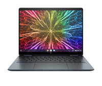 HP Elite Dragonfly blue laptop with 13.5-inch touchscreen displaying colorful abstract radial pattern.