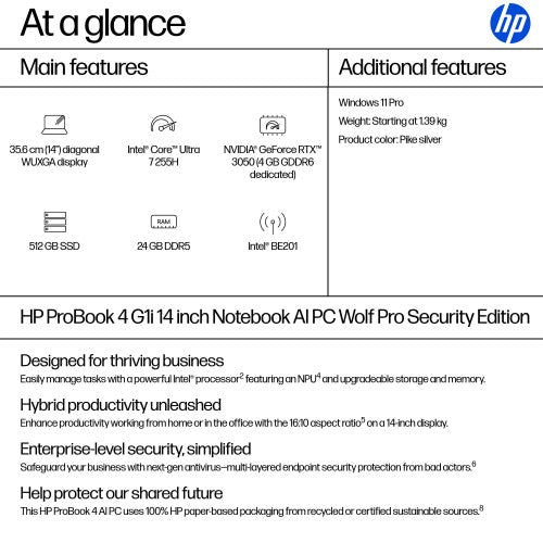 HP ProBook 4 G1i AI Wolf Pro Security Edition Intel Core Ultra 7 255H Laptop 35.6 cm (14") WUXGA 24 GB DDR5-SDRAM 512 GB SSD Wi-Fi 7 (802.11be) Windows 11 Pro AI PC Silver