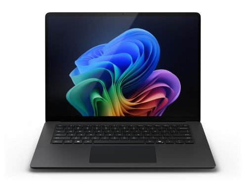 Black Microsoft Surface Laptop 7 with 15-inch touchscreen displaying blue and purple abstract wallpaper.