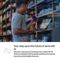 Silver HP ProBook 16-inch touchscreen laptop open on shelves with man holding blue ceramic cup.