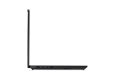 Black Lenovo ThinkPad P16v Gen 3 laptop open at 90 degrees showing slim profile and side ports.
